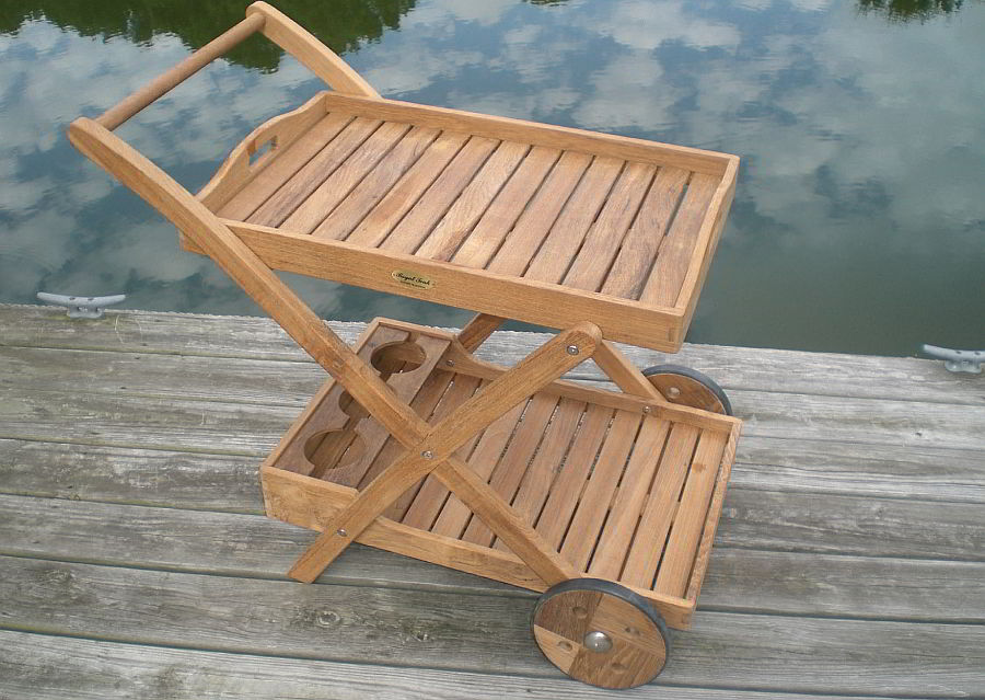 Teak serving cart with removable trays